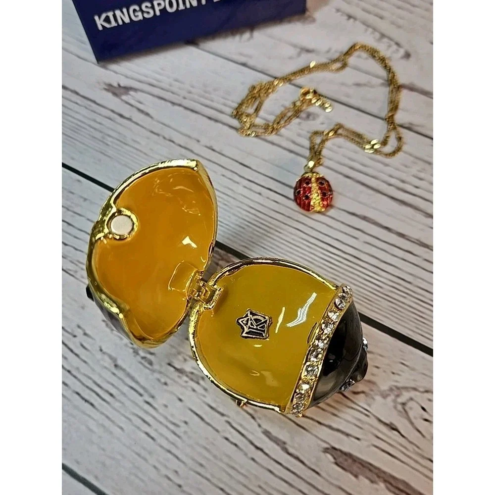 Kingspoint Designs Ladybug trinket box w/ necklace red enamel Jewelry Rhinestone